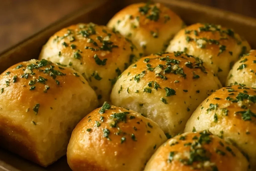 Golden pamushky - Ukrainian garlic bread rolls served fresh and warm