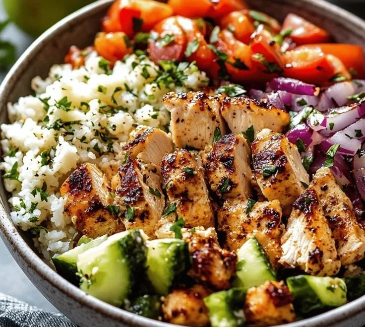 Delicious Greek Chicken Bowls with fresh vegetables and flavorful seasonings