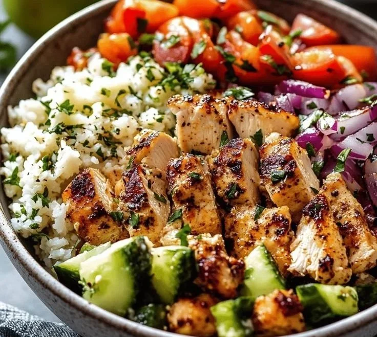 Delicious Greek chicken bowls topped with fresh veggies and herbs