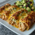 Plate of homemade Green Chicken Enchiladas topped with green sauce and cheese