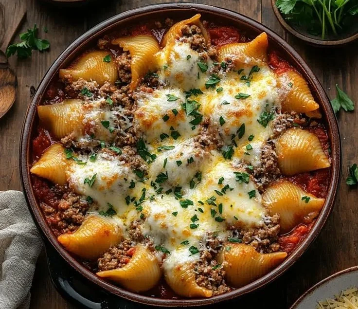 Delicious ground beef stuffed shells baked with cheese and marinara sauce