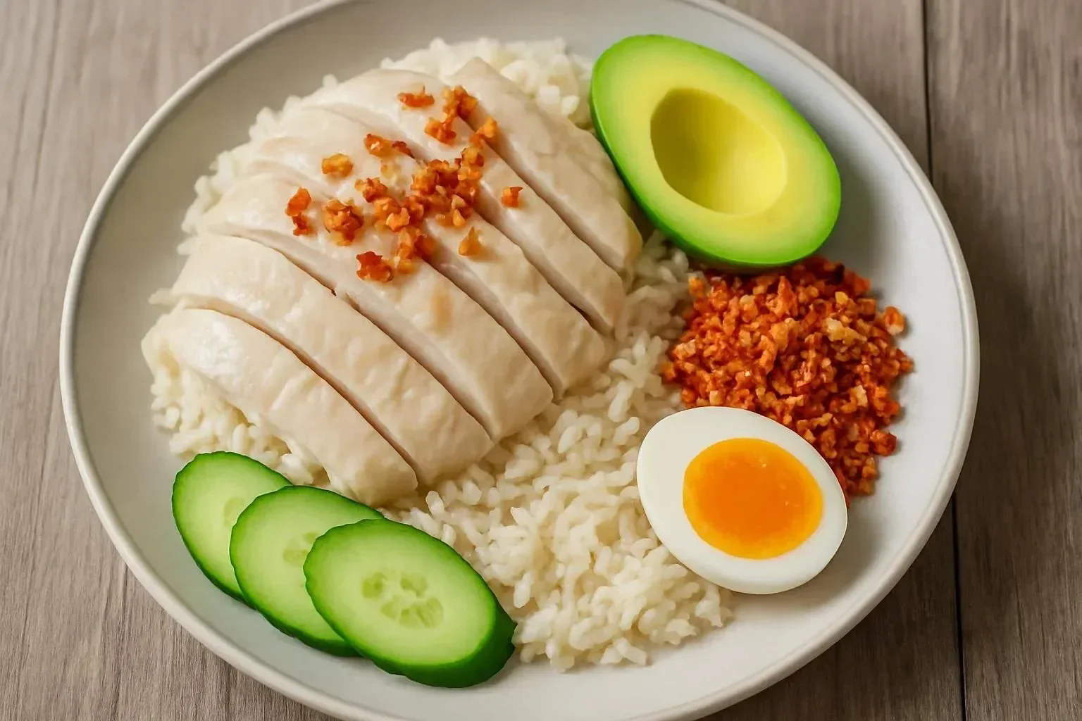 A plate of Hainan Chicken Rice served with chicken, rice, and garnishes.