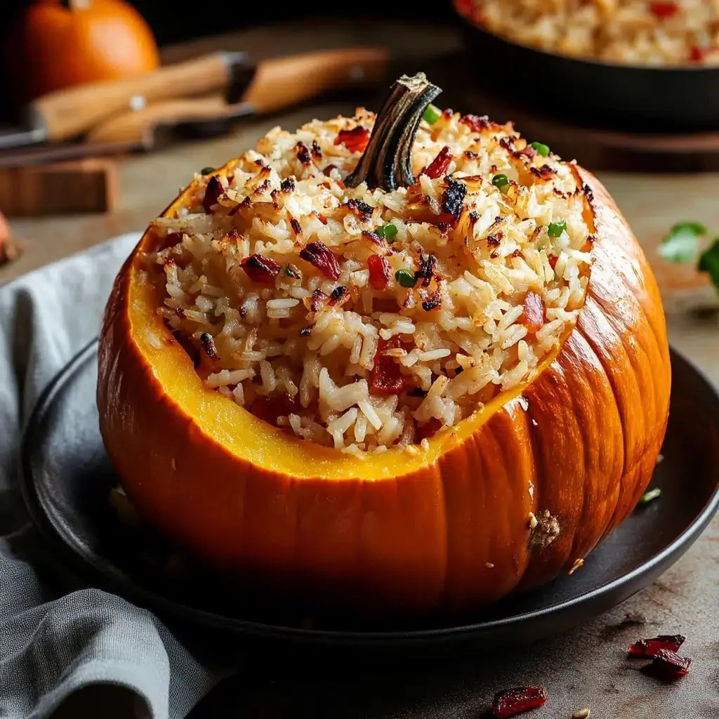 Hearty rice stuffed pumpkin ready for autumn gatherings