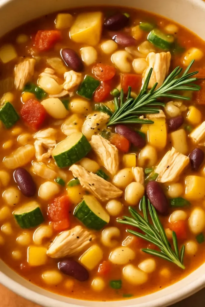 Bowl of hearty Chicken Minestrone Soup with vegetables and chicken