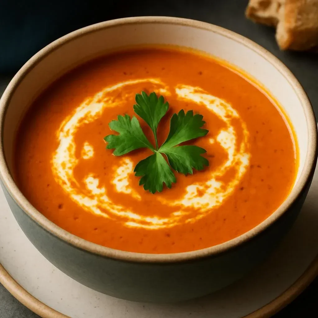 Bowl of hearty Spanish garlic soup with garlic cloves and herbs