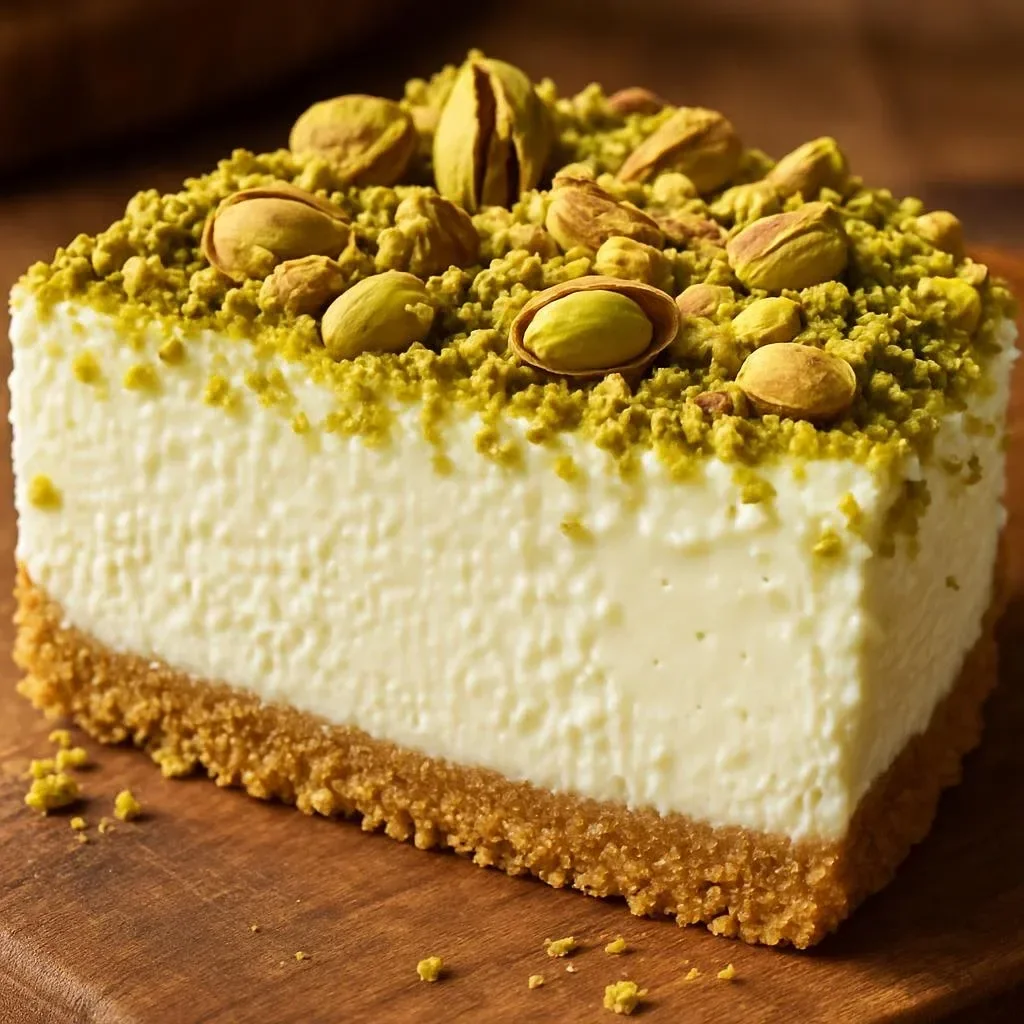 Heavenly pistachio cheesecake with white chocolate on a decorative plate