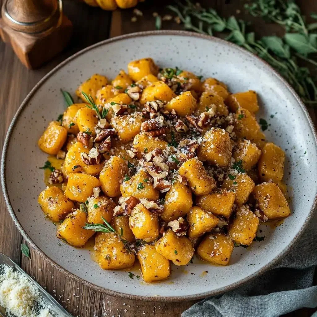 Delicious pumpkin ricotta gnocchi topped with brown butter and walnuts
