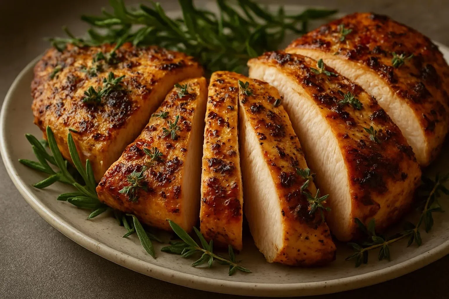 Herb butter roasted turkey breast garnished with fresh herbs