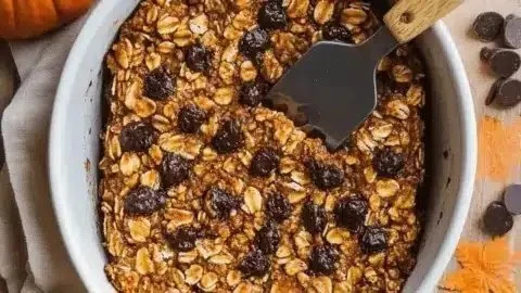 Higher protein pumpkin baked oatmeal topped with chocolate chips in a bowl.