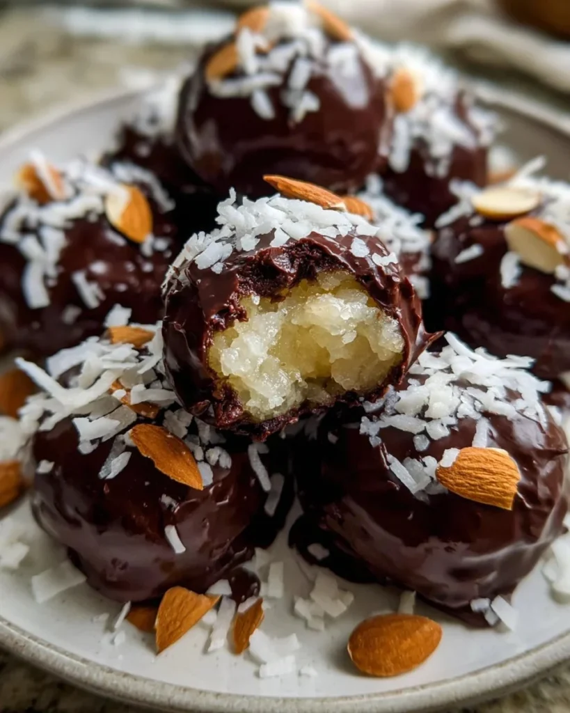 Delicious homemade Almond Joys with coconut and chocolate