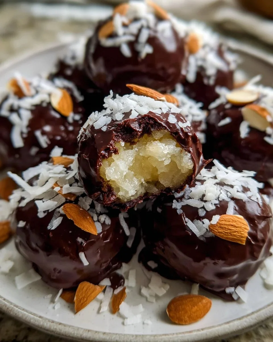 Delicious homemade Almond Joys with coconut and chocolate