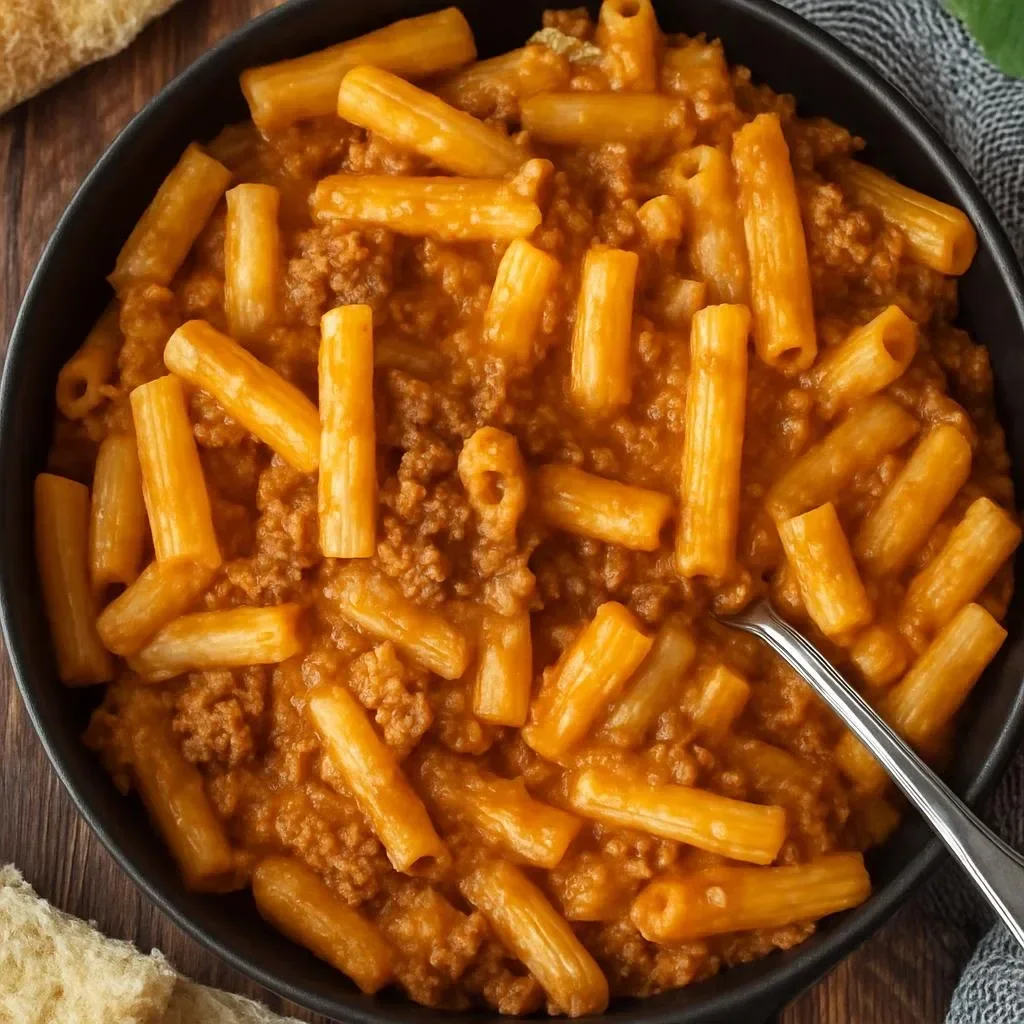 Homemade beefaroni served in a bowl with cheese and herbs