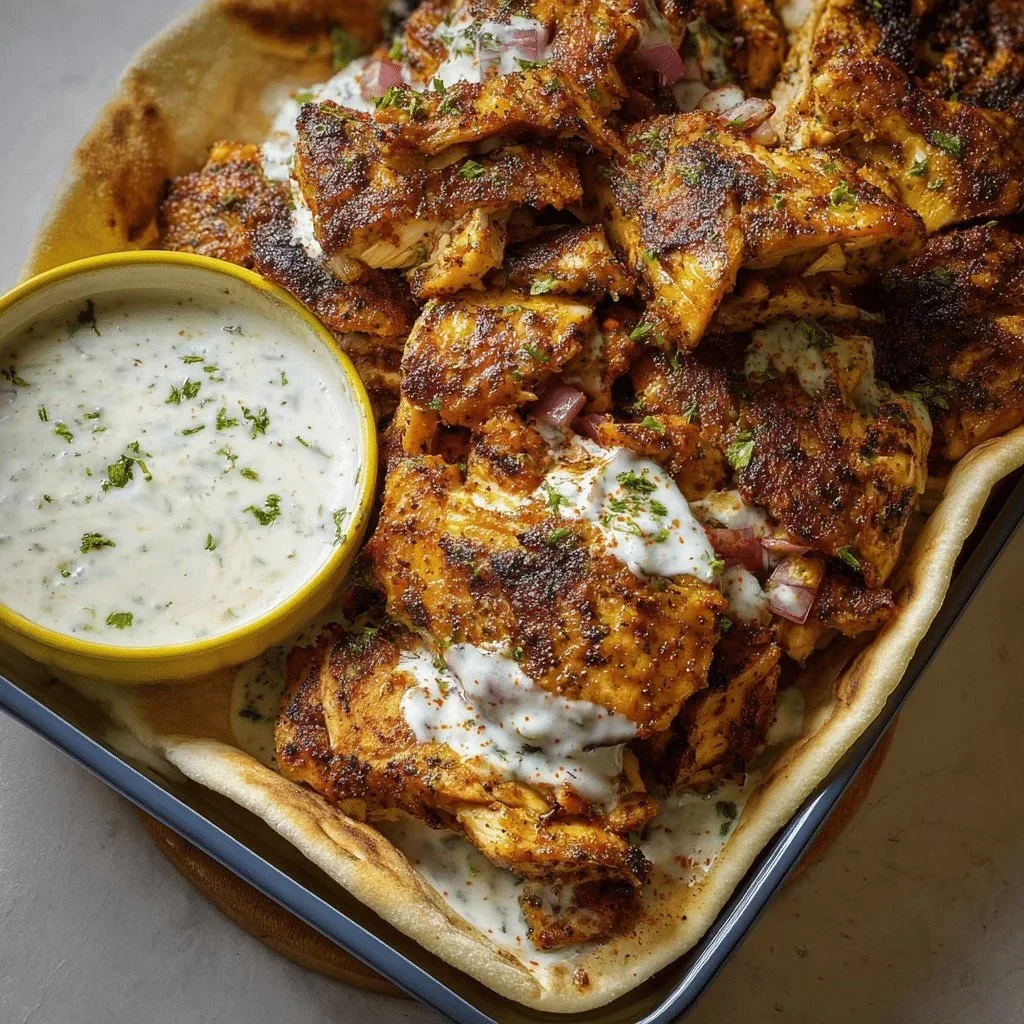 Delicious homemade chicken shawarma served with creamy garlic sauce