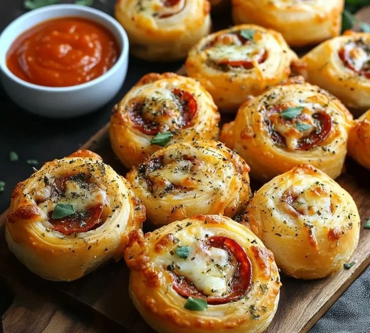 Homemade flaky pepperoni pizza rolls with gooey cheese and pepperoni filling
