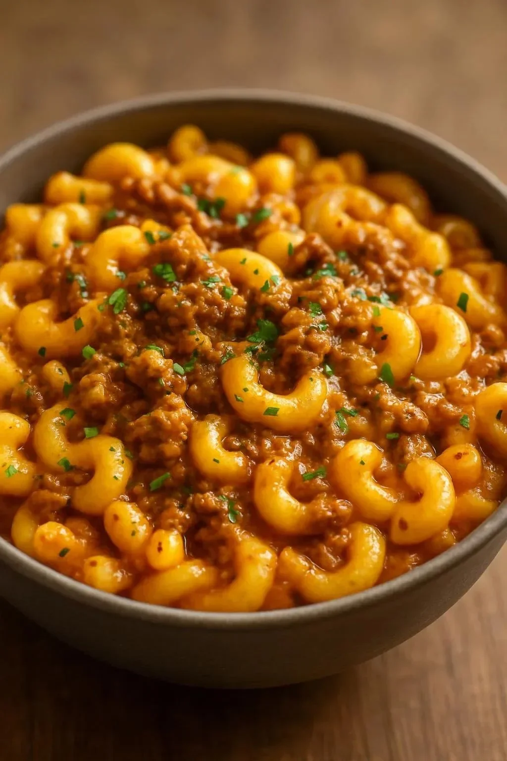 Delicious homemade Hamburger Helper served in a bowl with fresh ingredients.