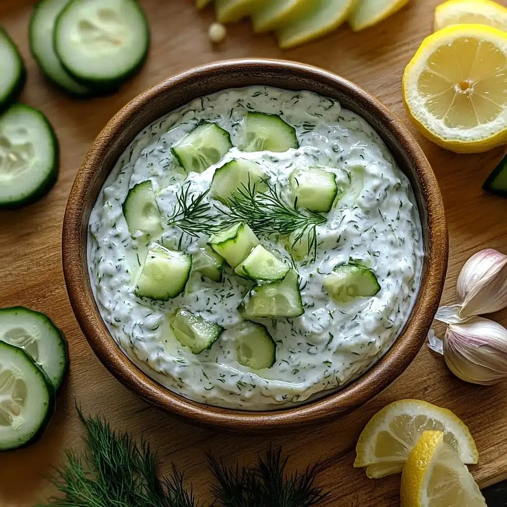 Delicious homemade tzatziki sauce with cucumber and dill in a dish