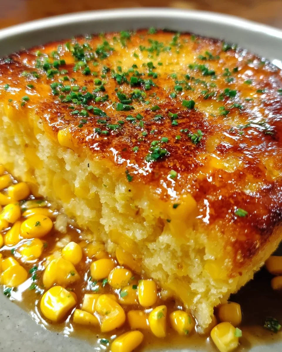 Delicious honey glazed corn casserole served in a baking dish