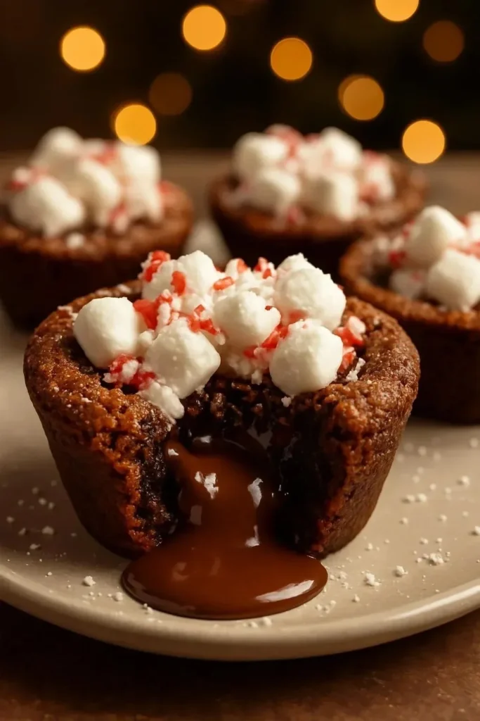 Hot chocolate cookie cups topped with marshmallows and chocolate drizzle.