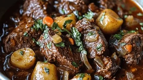 Delicious Belgian-style slow-cooked beef stew served in a rustic bowl.