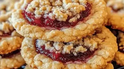 Indulgent raspberry crumble cookies with buttery crust and jam filling