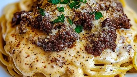 Indulgent Cajun Beef Spaghetti topped with creamy three-cheese sauce.