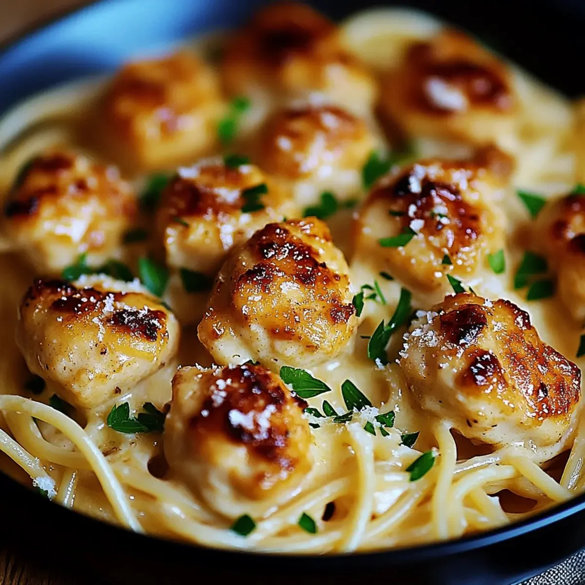 Indulgent garlic butter chicken bites served with creamy Parmesan pasta