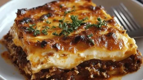 Delicious Greek Moussaka served with layers of eggplant, meat, and creamy béchamel sauce