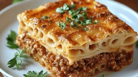 Delicious Pastitsio, a traditional Greek dish layered with pasta and meat sauce.