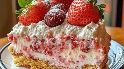 Indulgent strawberry cheesecake dump cake served on a dessert plate