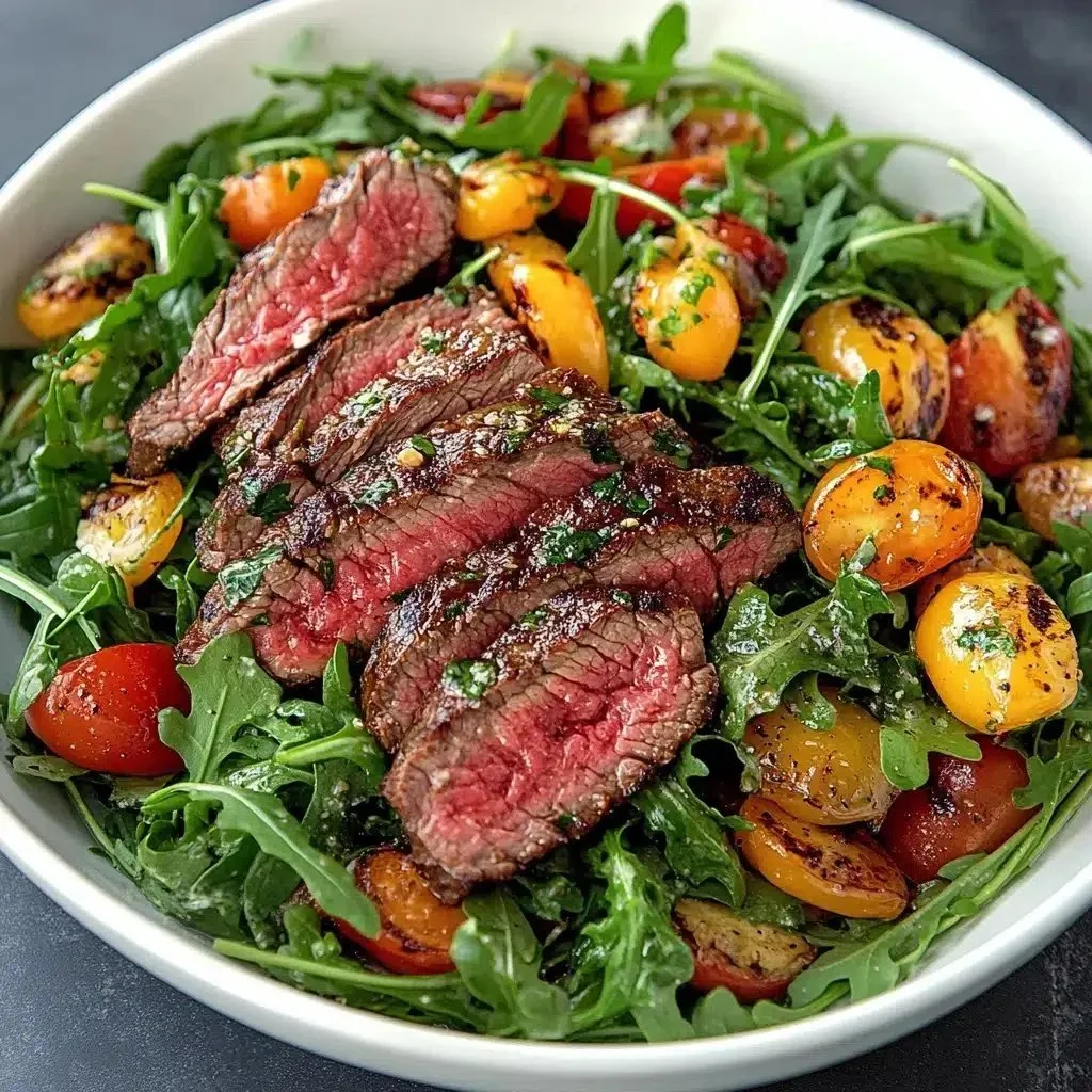 Arugula skirt steak salad with crispy potatoes served in a bowl