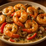 Plate of Blackened Shrimp Stroganoff with creamy sauce and garnished herbs