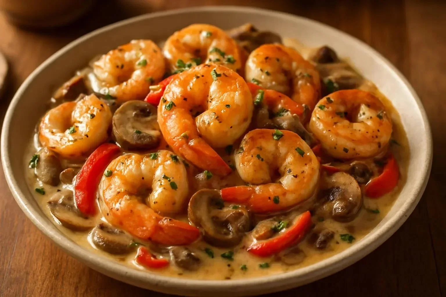 Plate of Blackened Shrimp Stroganoff with creamy sauce and garnished herbs
