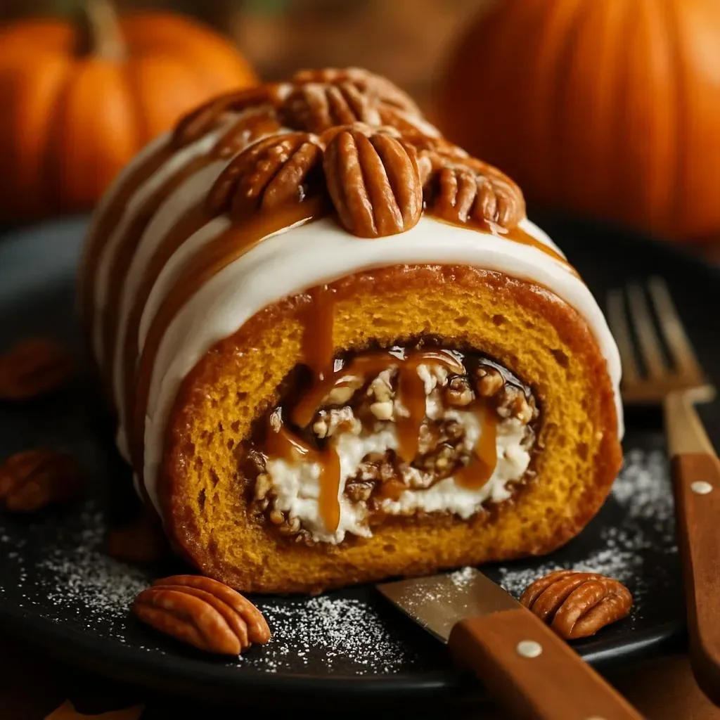 Sliced caramel pecan pumpkin roll drizzled with caramel sauce and topped with pecans.