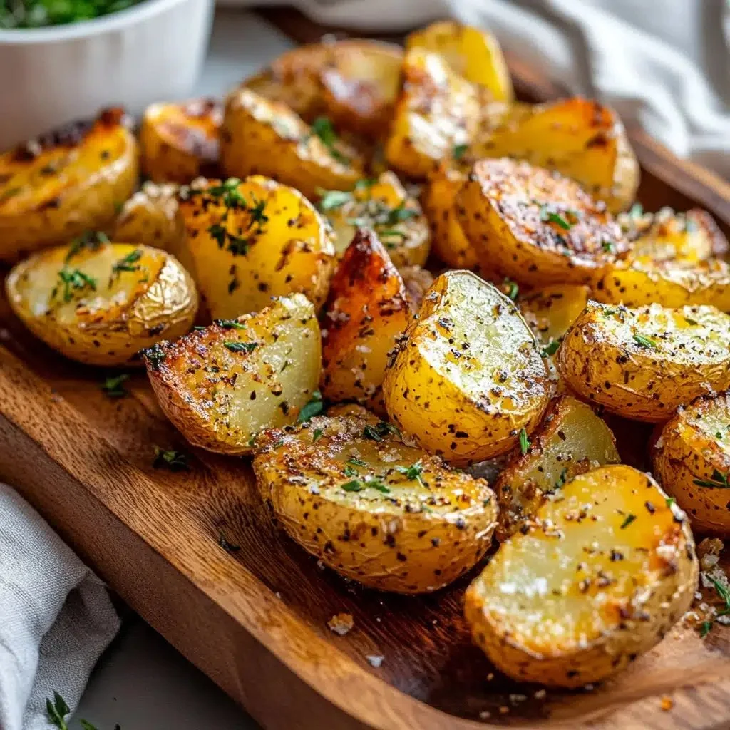 Crispy garlic herb roasted potato skins garnished with herbs