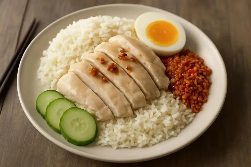 Delicious Hainan chicken rice served with a variety of flavorful sauces