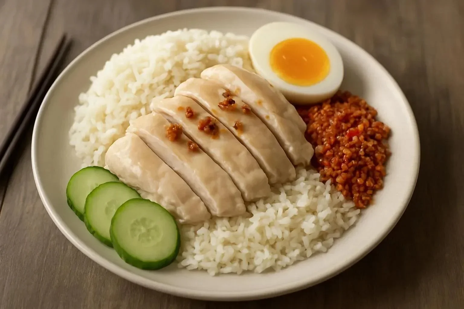 Delicious Hainan chicken rice served with a variety of flavorful sauces