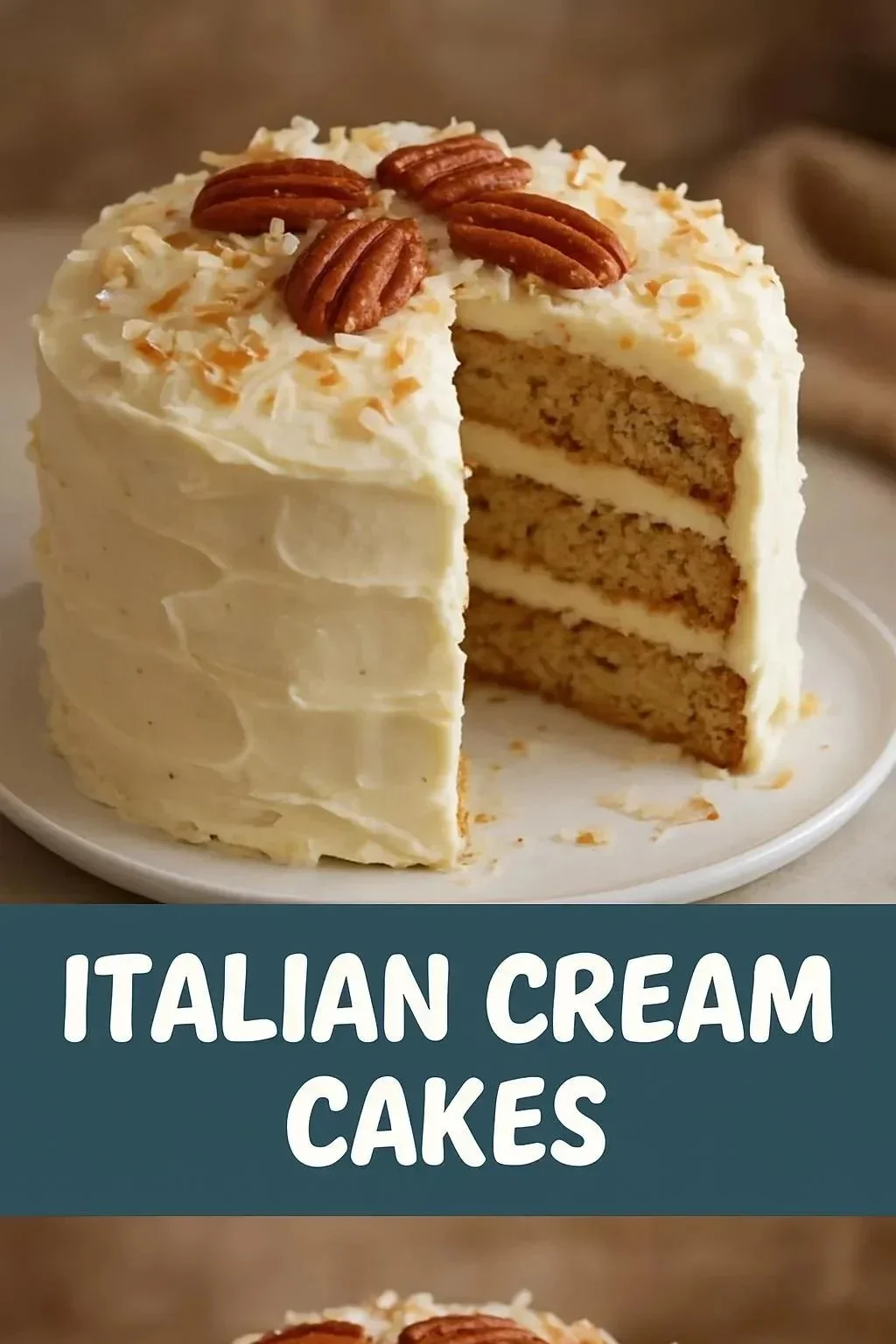 Delicious slice of Italian Cream Cake topped with frosting and coconut.