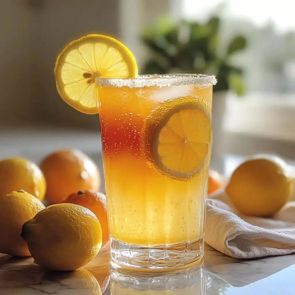 Limoncello Sunrise mocktail displaying vibrant citrus colors in a refreshing glass.