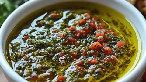 Mediterranean olive oil dip in a bowl with herbs and spices