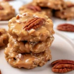 No bake coconut pecan cookies topped with praline glaze on a plate
