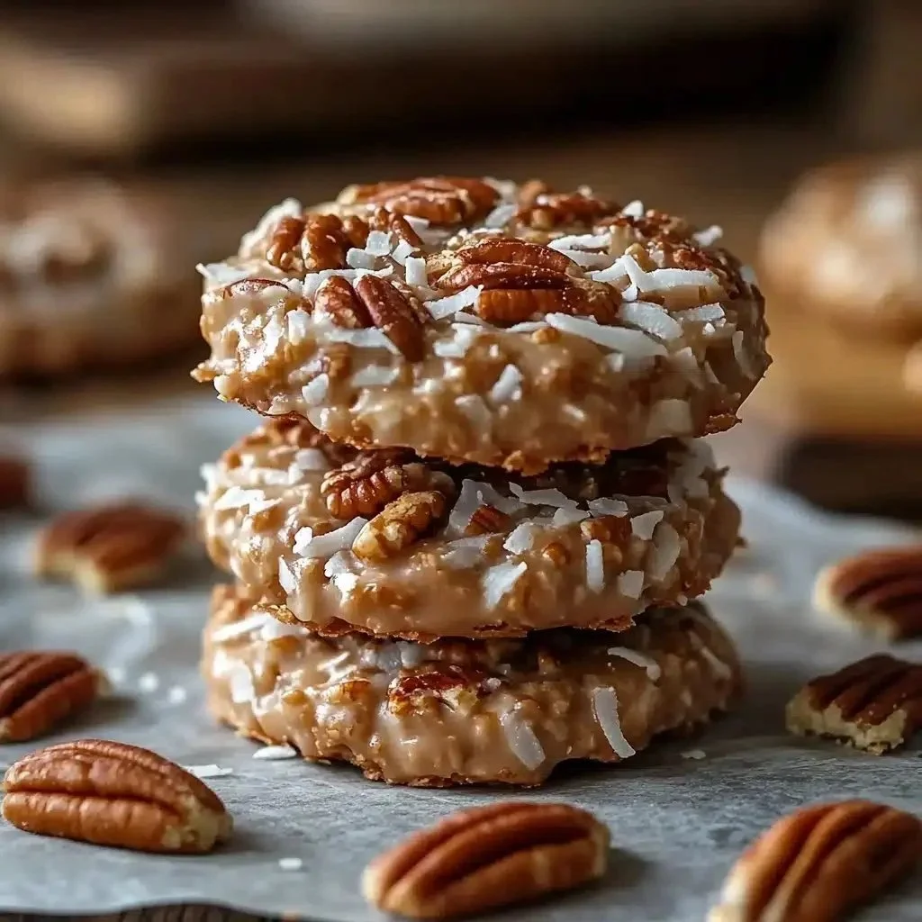 No bake coconut pecan pralin cookies displayed on a platter
