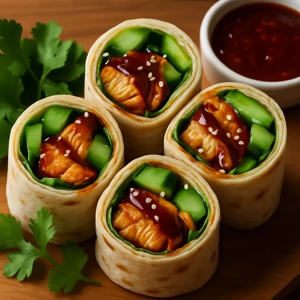 Delicious sweet chili chicken wraps filled with fresh veggies and sauce