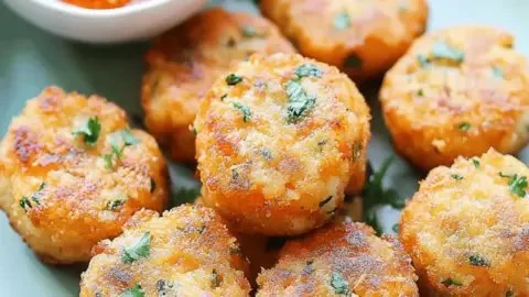 Plate of delicious Thai shrimp cakes served with a spicy dipping sauce.