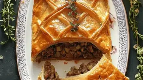 Vegan walnut mushroom wellington served on a festive holiday table.