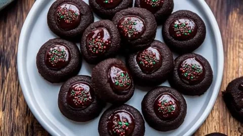 Deliciously chewy chocolate thumbprint cookies topped with rich chocolate filling.