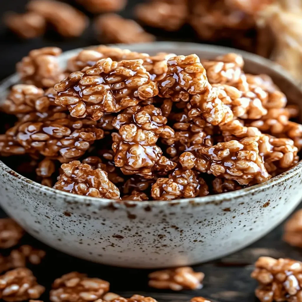 Bowl of crunchy Muddy Buddy Rice Krispies snack with chocolate and peanut butter coating