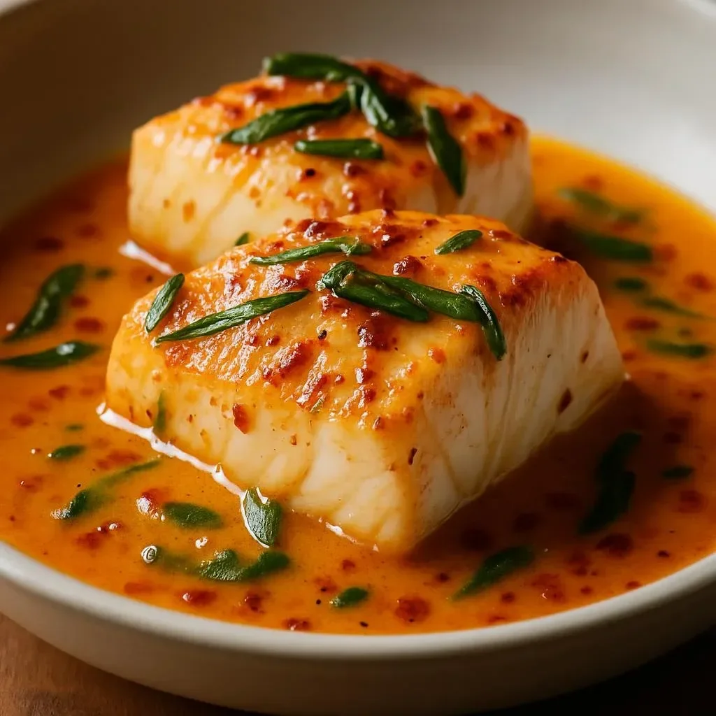 Cod fillets served in rich roasted red pepper sauce on a plate.