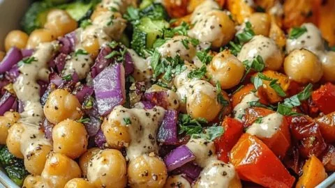 Colorful roasted veggie and chickpea bowls ready to serve for a healthy meal.