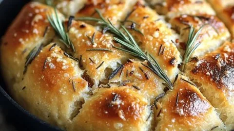 Rustic garlic rosemary skillet bread fresh out of the oven