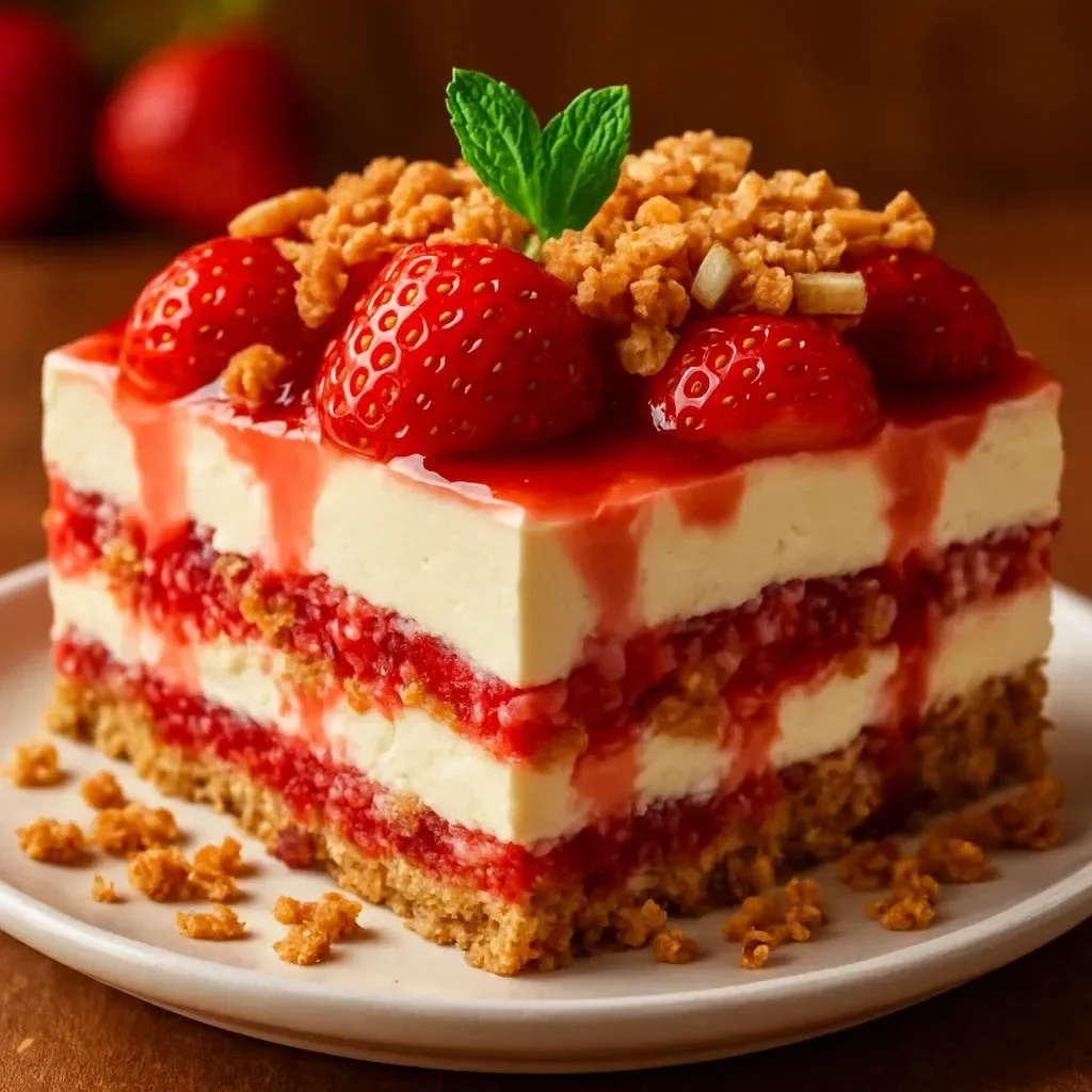 Deliciously layered strawberry crunch cheesecake with a buttery crust